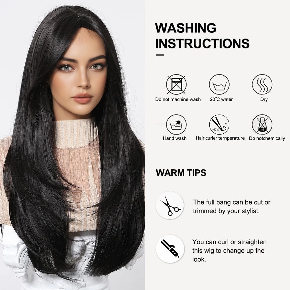 Black Wigs for Women Long Wig with Bangs Natural Straight Wigs Synthetic Hair Heat Resistant Wigs for Daily Party Cosplay Wear