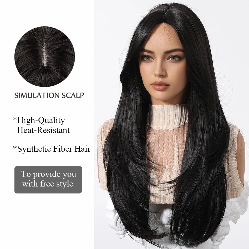 Black Wigs for Women Long Wig with Bangs Natural Straight Wigs Synthetic Hair Heat Resistant Wigs for Daily Party Cosplay Wear