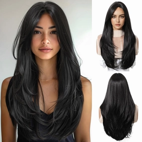 Black Wigs for Women Long Wig with Bangs Natural Straight Wigs Synthetic Hair Heat Resistant Wigs for Daily Party Cosplay Wear
