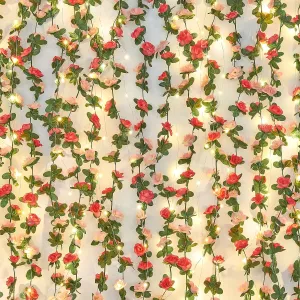 BLEUM CADE 8Pcs 66Ft Flower Garland Artificial Rose Vines with 66Ft String Lights, Cute Fake Hanging Flower Vines Floral Garland Decorations for Wedding Party Wall Room Decor Aesthetic