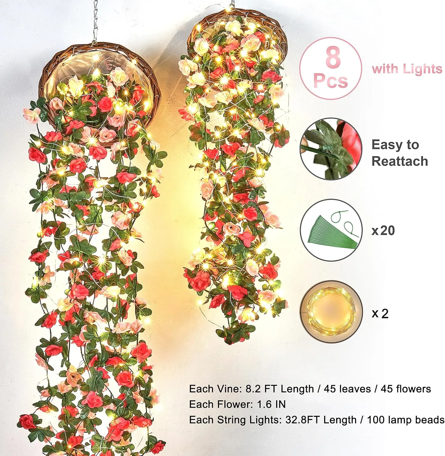 BLEUM CADE 8Pcs 66Ft Flower Garland Artificial Rose Vines with 66Ft String Lights, Cute Fake Hanging Flower Vines Floral Garland Decorations for Wedding Party Wall Room Decor Aesthetic