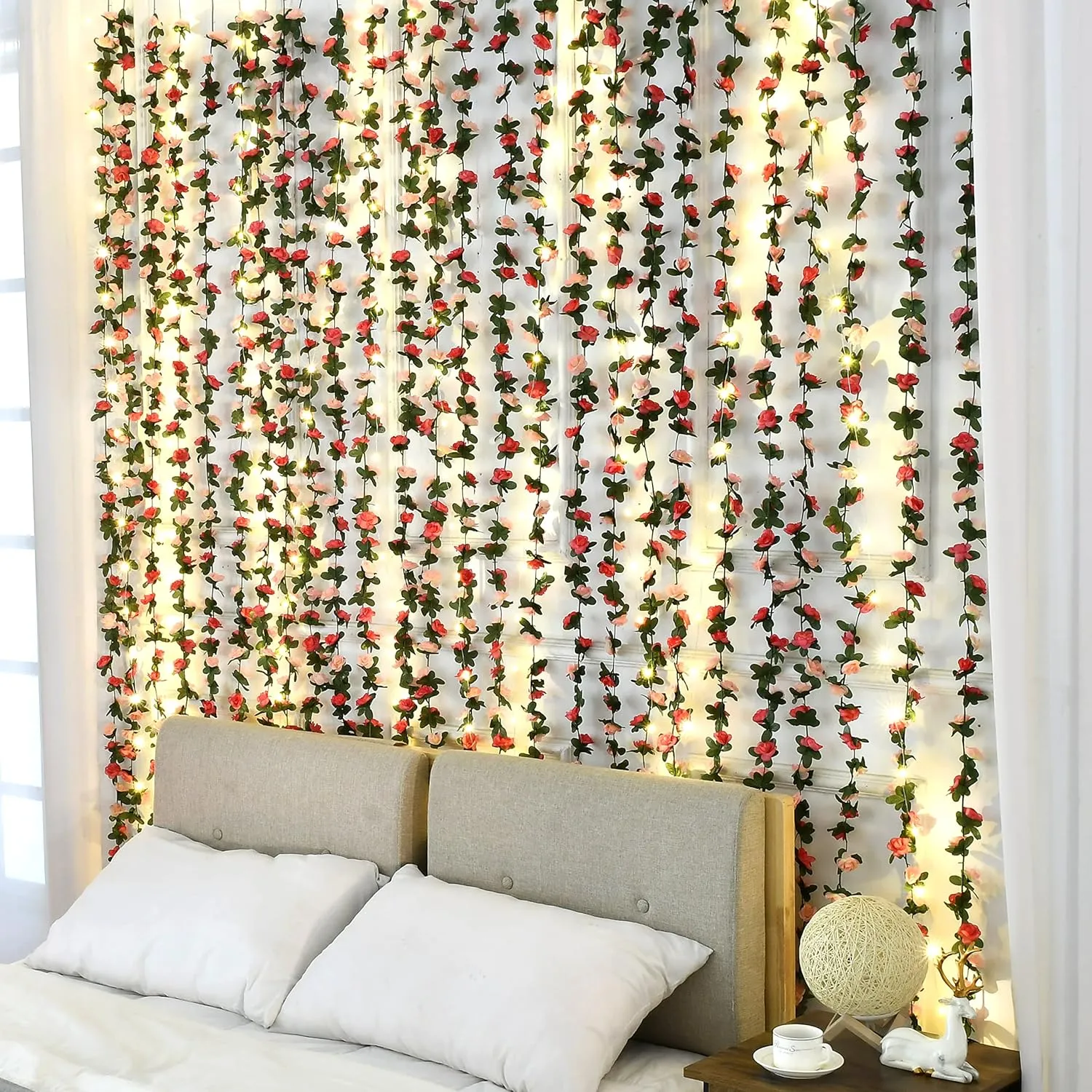 BLEUM CADE 8Pcs 66Ft Flower Garland Artificial Rose Vines with 66Ft String Lights, Cute Fake Hanging Flower Vines Floral Garland Decorations for Wedding Party Wall Room Decor Aesthetic