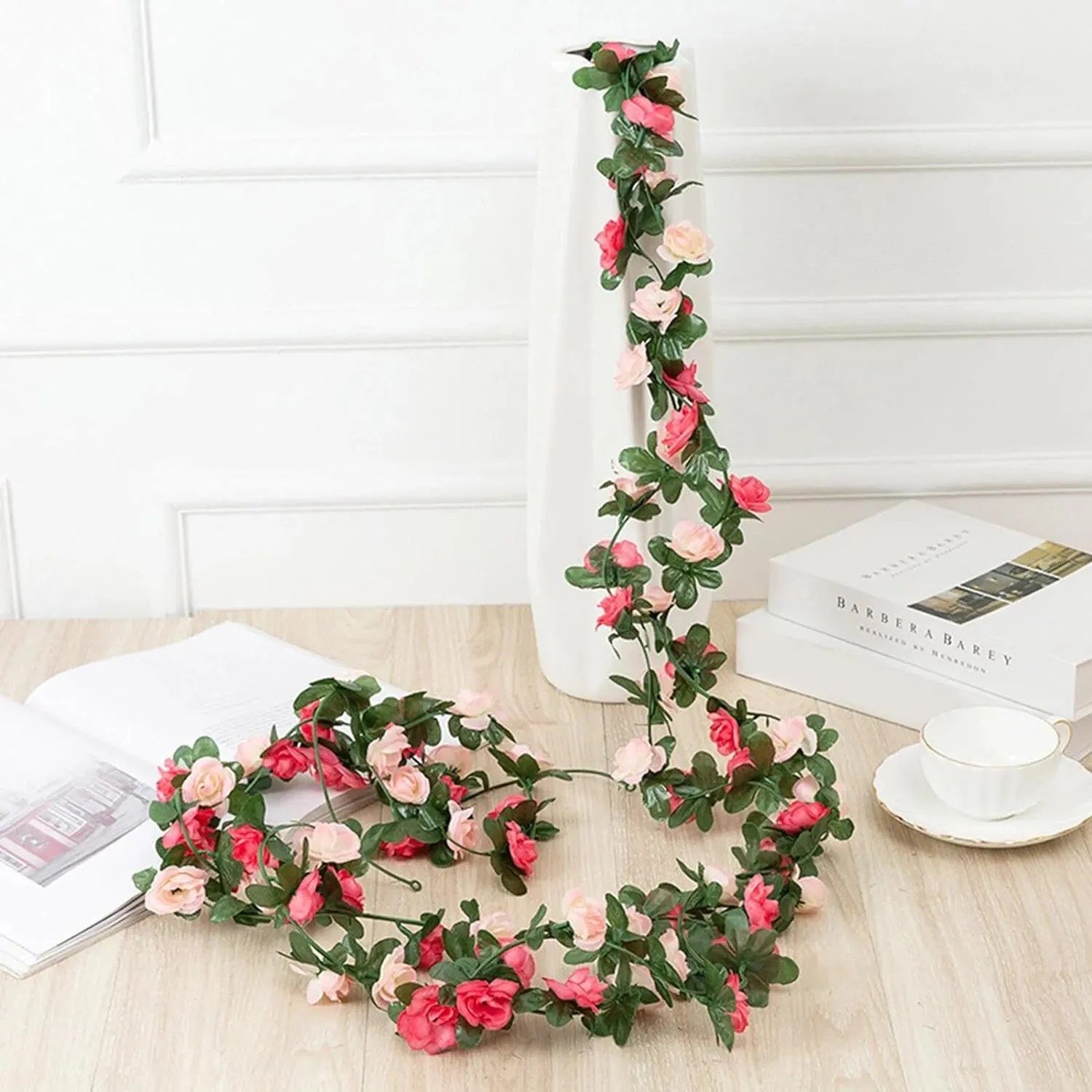 BLEUM CADE 8Pcs 66Ft Flower Garland Artificial Rose Vines with 66Ft String Lights, Cute Fake Hanging Flower Vines Floral Garland Decorations for Wedding Party Wall Room Decor Aesthetic