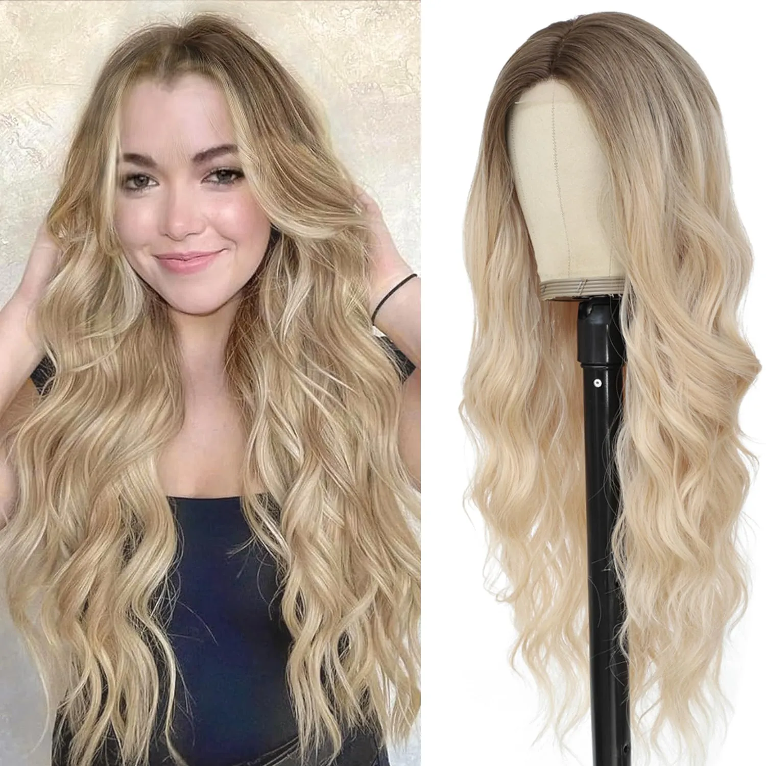 Blonde Wig for Women, Long Blonde Wavy Wig Middle Part 26 Inch Blonde Wigs Natural Looking Heat Resistant Synthetic Wig for Daily Party Use