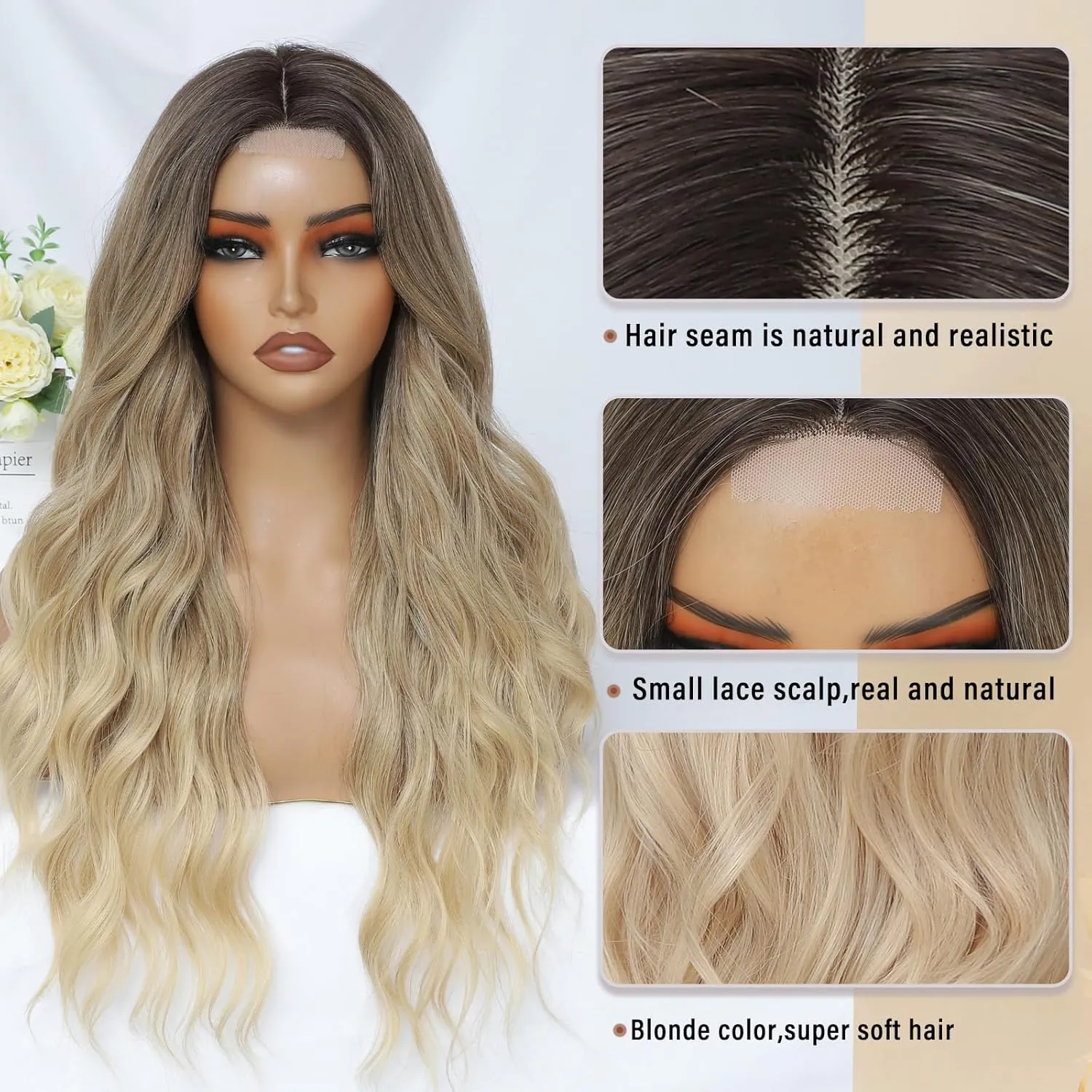 Blonde Wig for Women, Long Blonde Wavy Wig Middle Part 26 Inch Blonde Wigs Natural Looking Heat Resistant Synthetic Wig for Daily Party Use