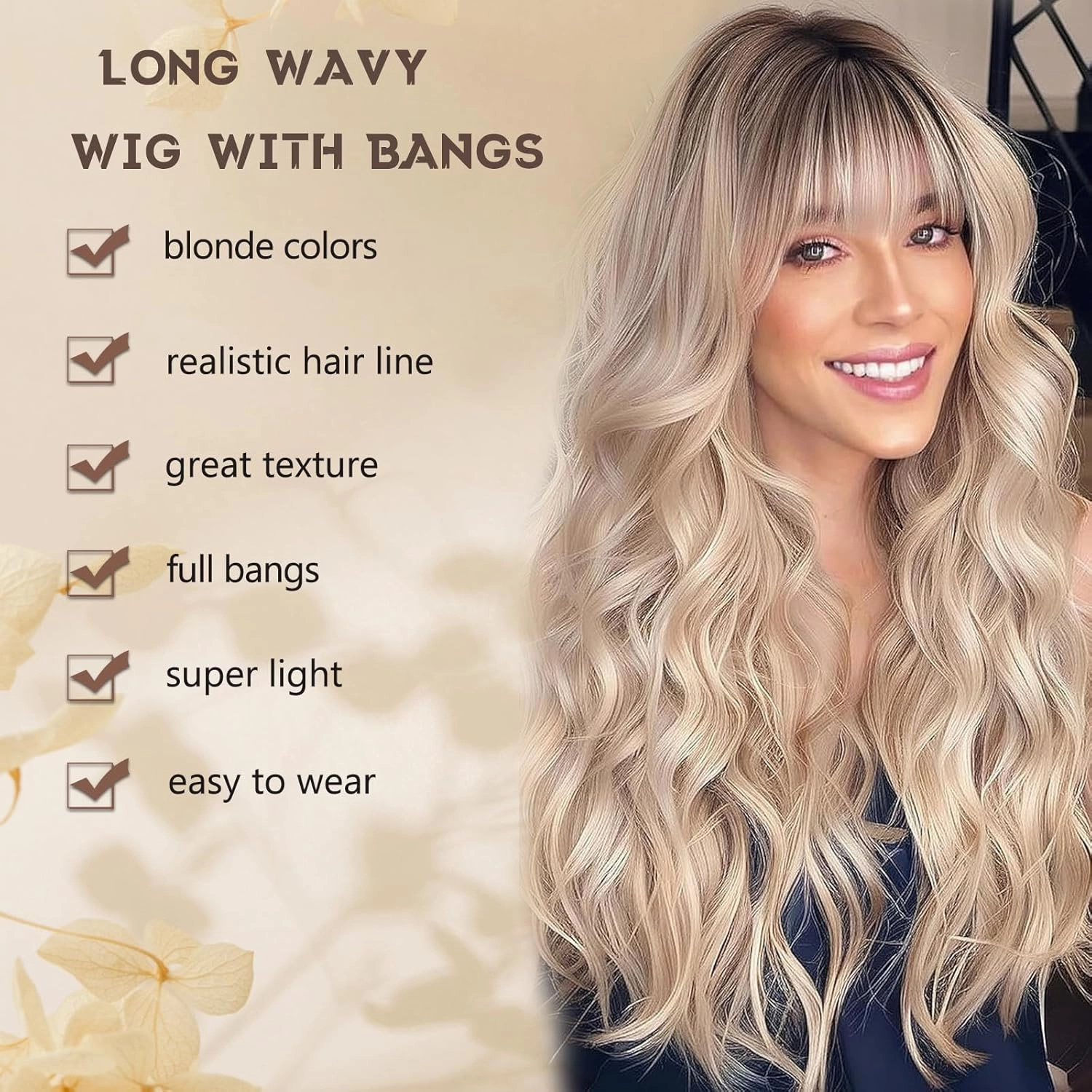 Blonde Wig with Bangs for Women Long Blonde Wavy Wigs 26 Inch Blonde Wigs Natural Looking Heat Resistant Synthetic Wig for Daily Party Use