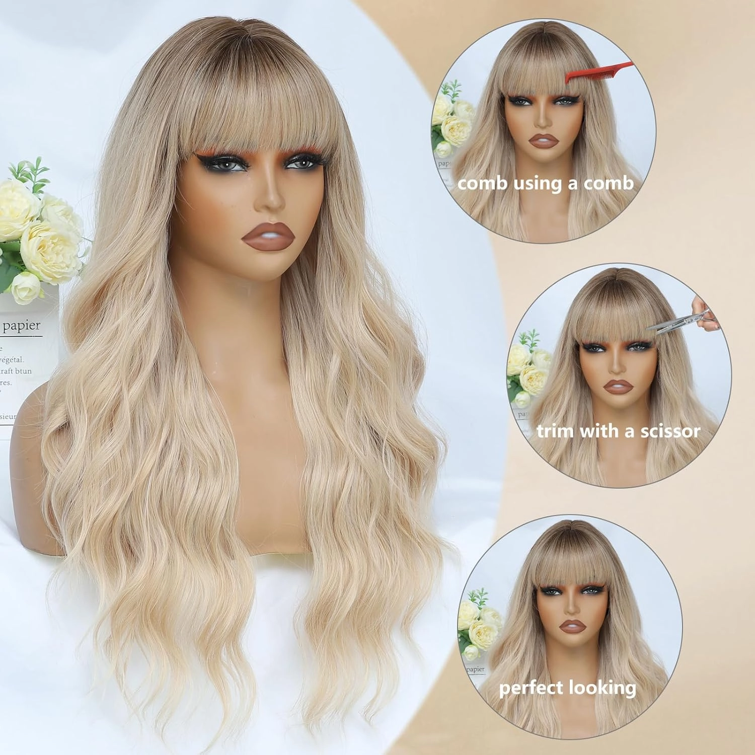 Blonde Wig with Bangs for Women Long Blonde Wavy Wigs 26 Inch Blonde Wigs Natural Looking Heat Resistant Synthetic Wig for Daily Party Use