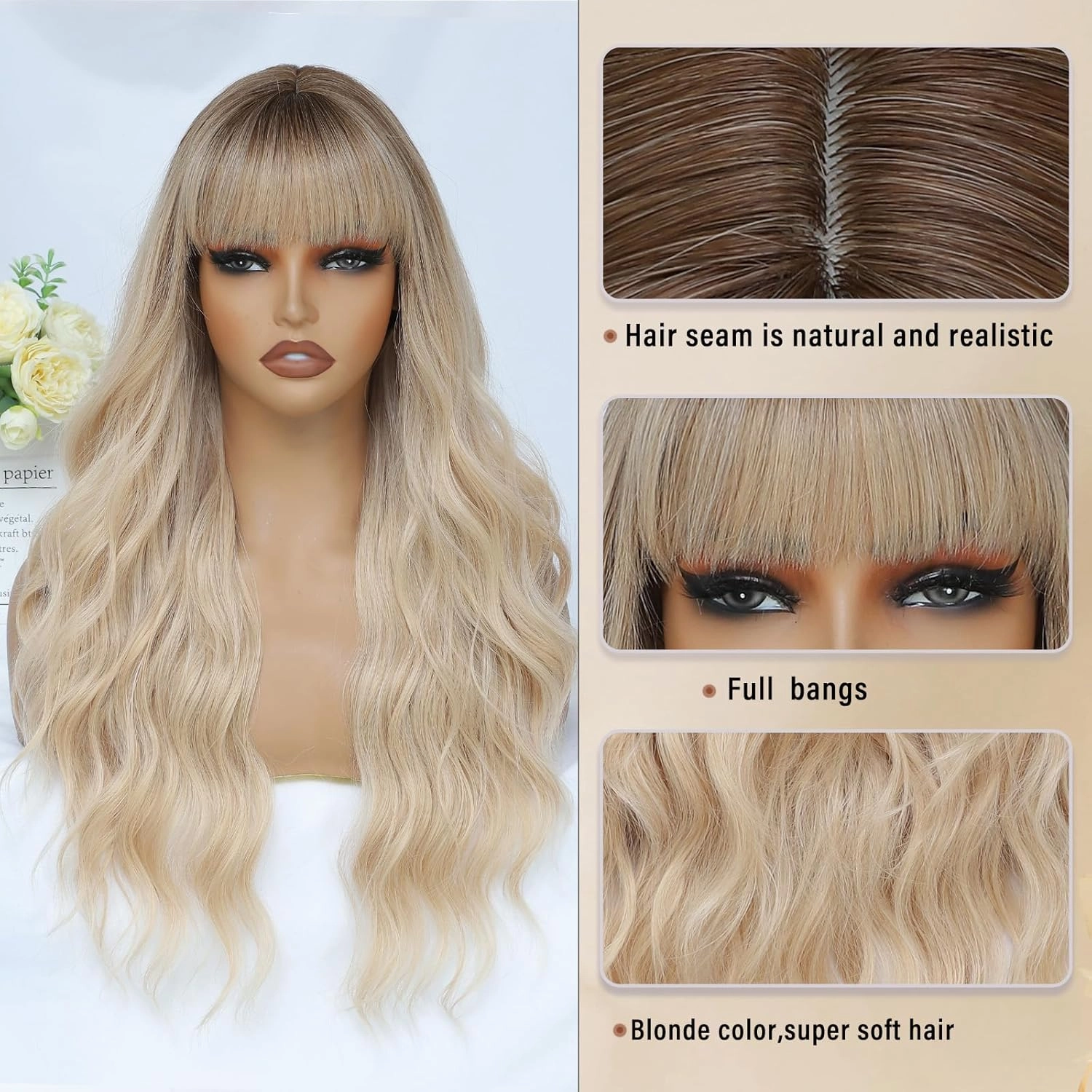 Blonde Wig with Bangs for Women Long Blonde Wavy Wigs 26 Inch Blonde Wigs Natural Looking Heat Resistant Synthetic Wig for Daily Party Use