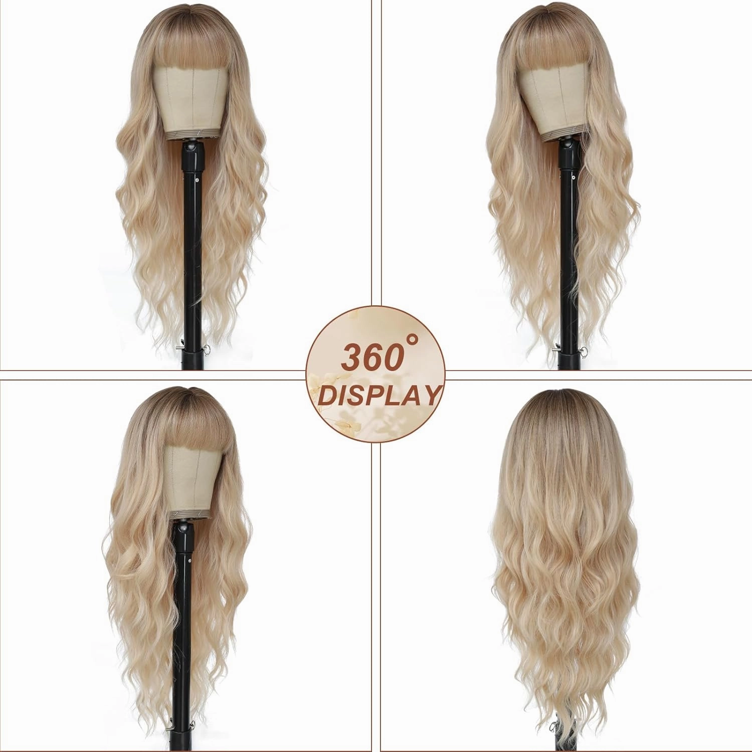 Blonde Wig with Bangs for Women Long Blonde Wavy Wigs 26 Inch Blonde Wigs Natural Looking Heat Resistant Synthetic Wig for Daily Party Use