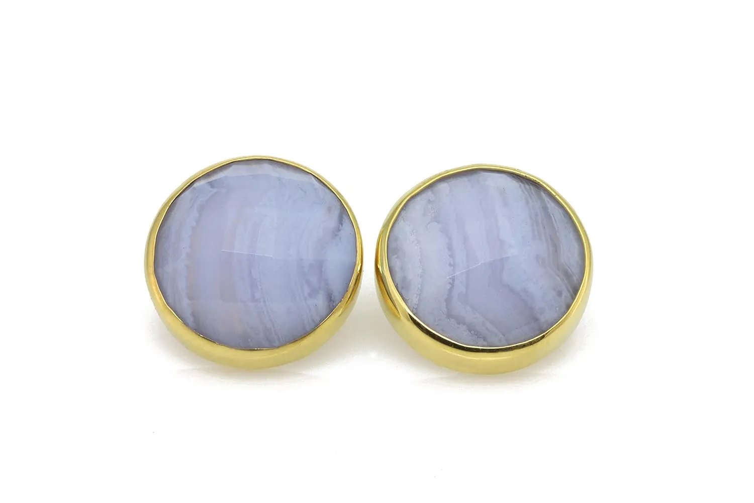 Blue Lace Agate Stud Earrings - 18k Gold Vermeil Bezel Set - Large Gemstone Bridal Jewelry