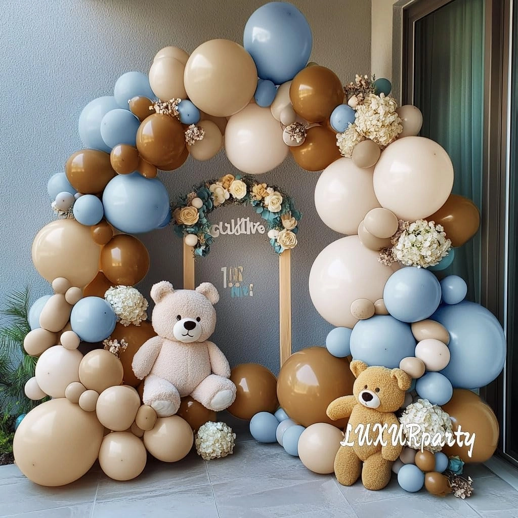 Blue Brown Nude Balloon Garland Double Stuffed Dusty Blue Coffee Pastel Balloon Kit for Teddy Bear Baby Shower Boy Birthday Gender Reveal Boho Theme Party Decorations