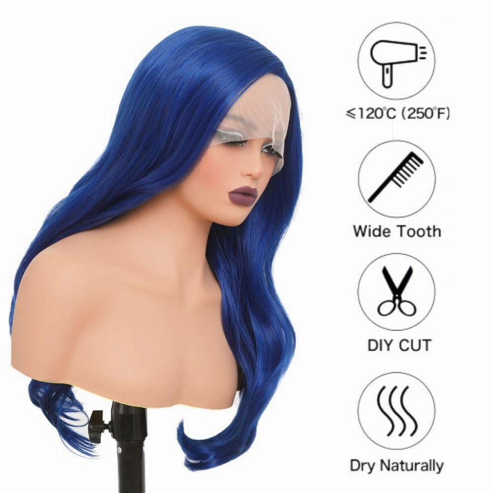 Blue Lace Front Wigs for Women Long Curly Wavy Side Part Cosplay Halloween Soft Synthetic Fiber Hair Wig