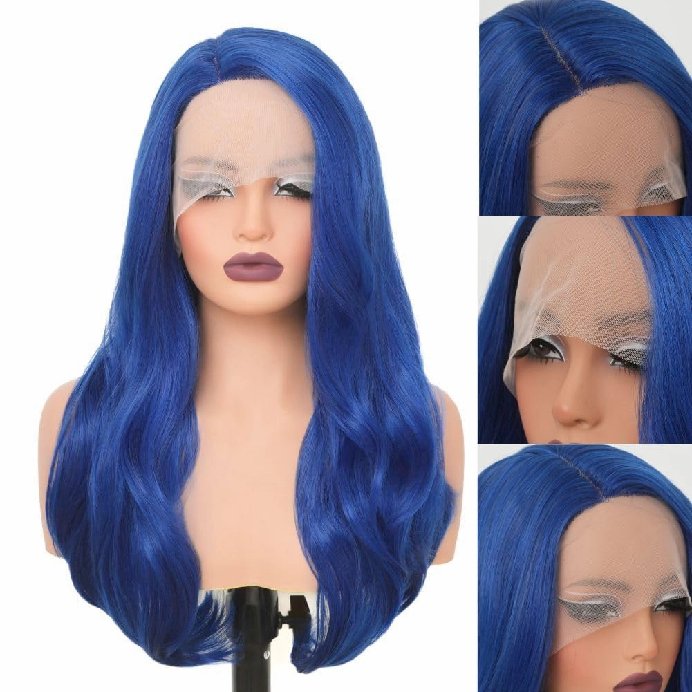 Blue Lace Front Wigs for Women Long Curly Wavy Side Part Cosplay Halloween Soft Synthetic Fiber Hair Wig