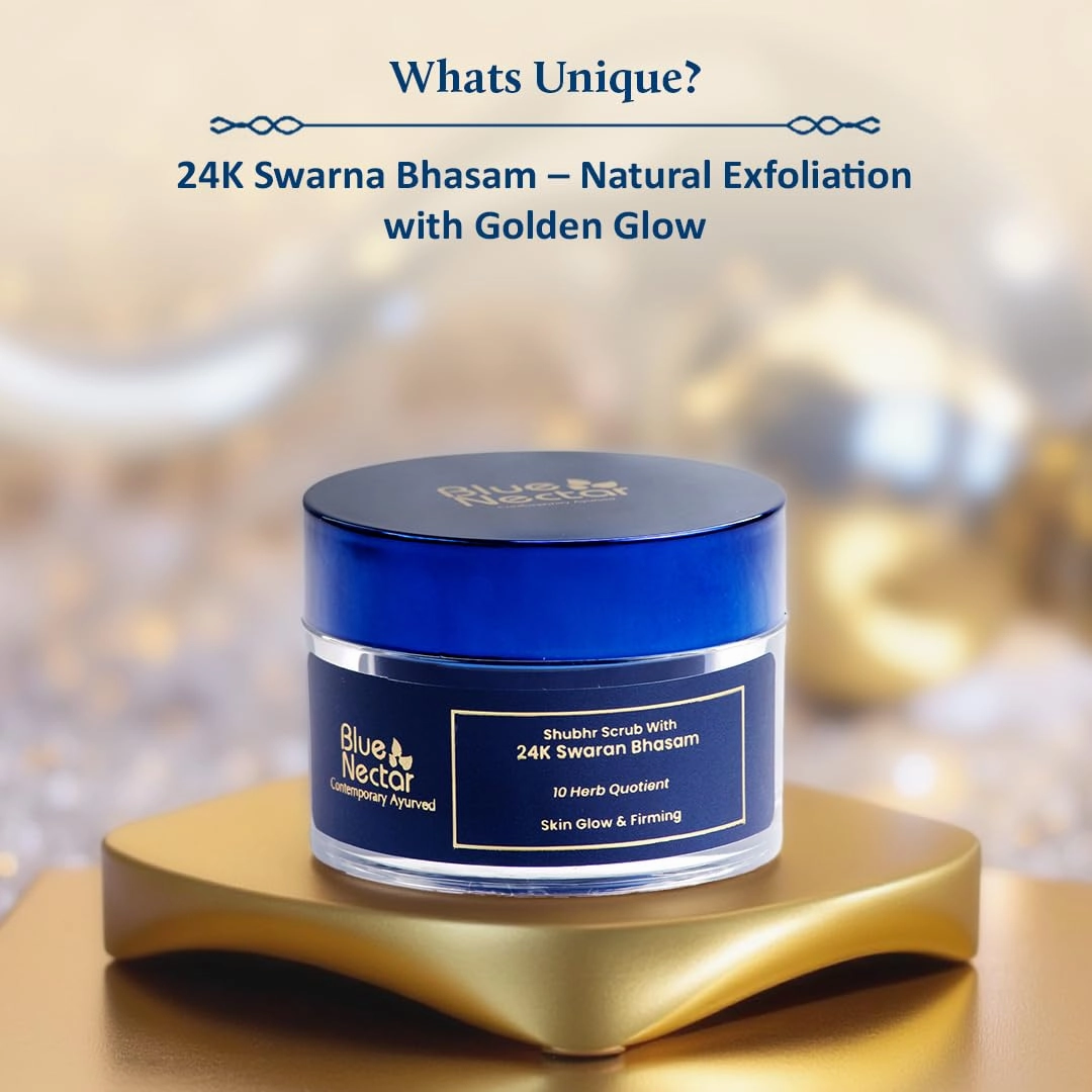 Blue Nectar 24K Gold Face Scrub for Glowing Skin | Cleanser & Exfoliating Scrub with Aloe Vera, Walnut & Kumkumadi for Men & Women | Ayurvedic Tan Removal (12 Herbs, 1.7 Oz)