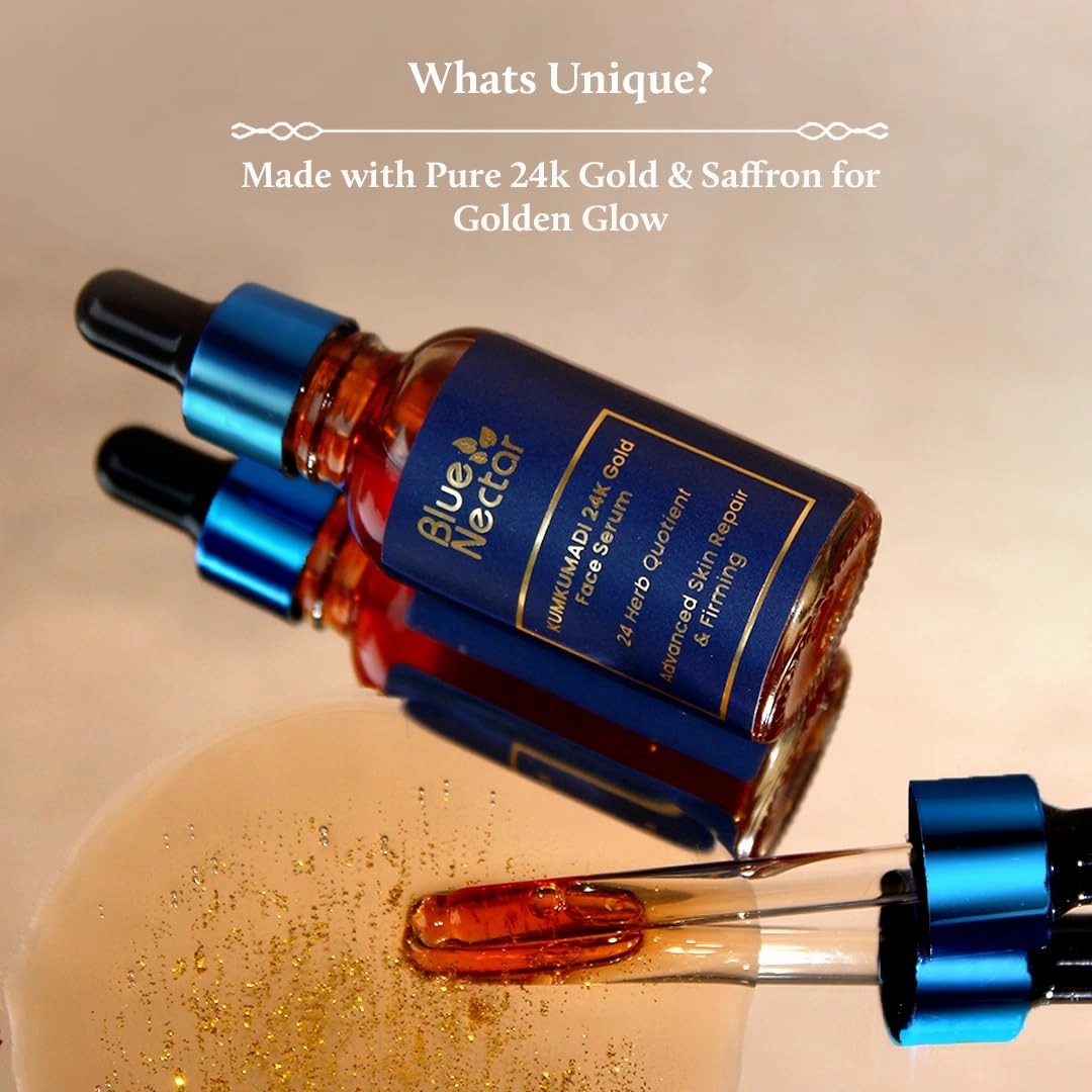 Blue Nectar 24K Gold Serum with Pure Kumkumadi Oil for Face | Ayurvedic Collagen Face Serum for Skin Tightening & Natural Radiance (24 Herbs, 0.33Fl Oz)