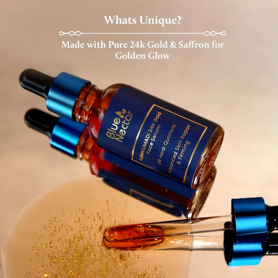 Blue Nectar 24K Gold Serum with Pure Kumkumadi Oil for Face | Ayurvedic Collagen Face Serum for Skin Tightening & Natural Radiance (24 Herbs, 1Fl Oz)
