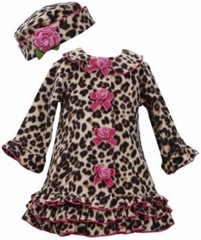Bonnie Jean Girls Leopard Fleece Coat & Hat Set, Brown, 2T - 4T
