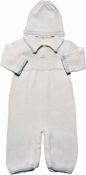 Boy's White Cotton Knit Christening Baptism Longall w/White, Blue, or Gold Cross and Hat