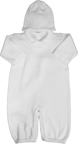 Boy's White Cotton Knit Christening Baptism Longall w/White, Blue, or Gold Cross and Hat