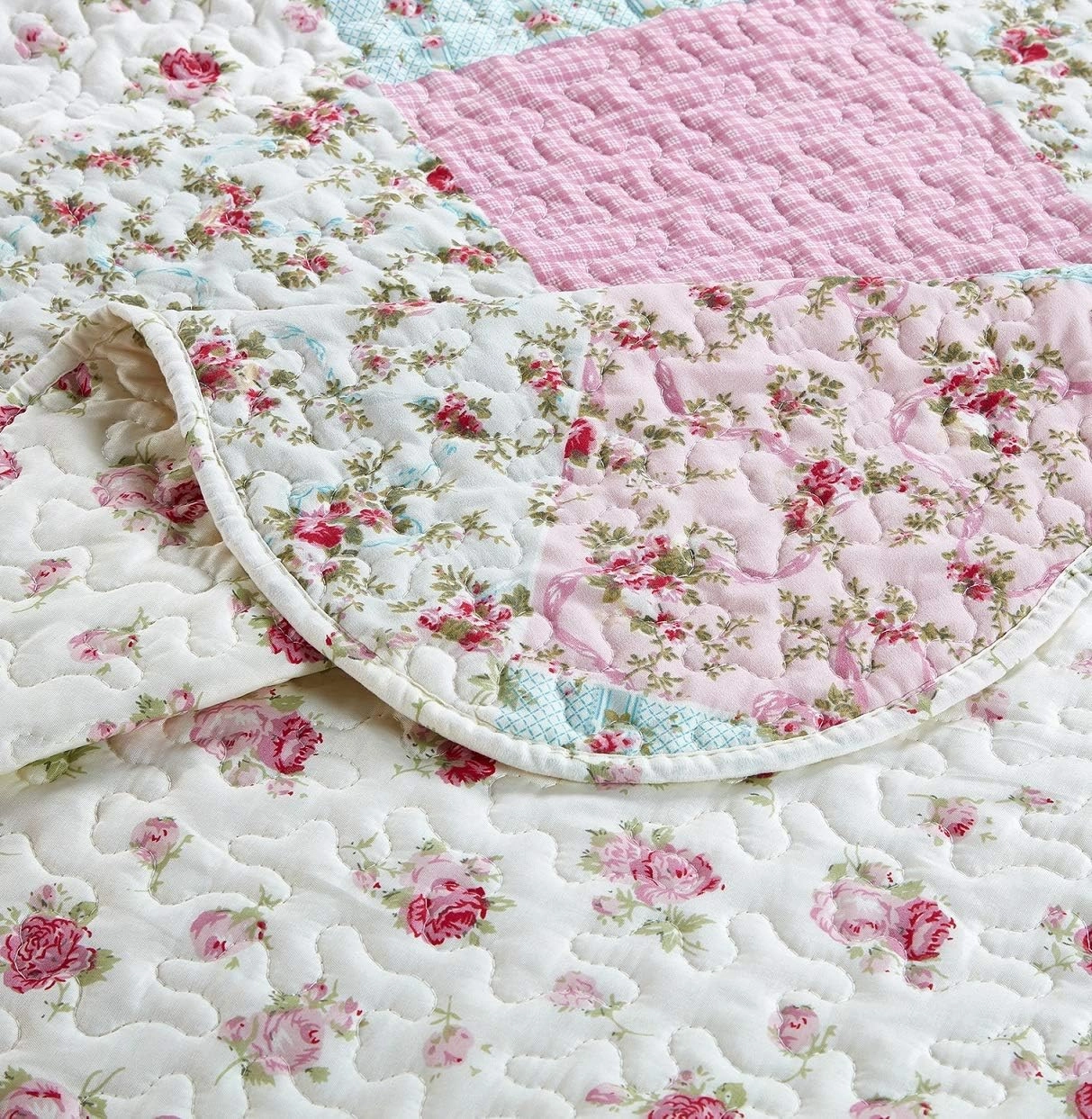 Brilliant Sunshine Roses Quilt Set, 2-Piece Bedding Sets with 1 Sham, Patchwork Design, Washable and Reversible Bedspread, Soft Lightweight Coverlet, All-Season, Twin/Twin XL, Pink Green