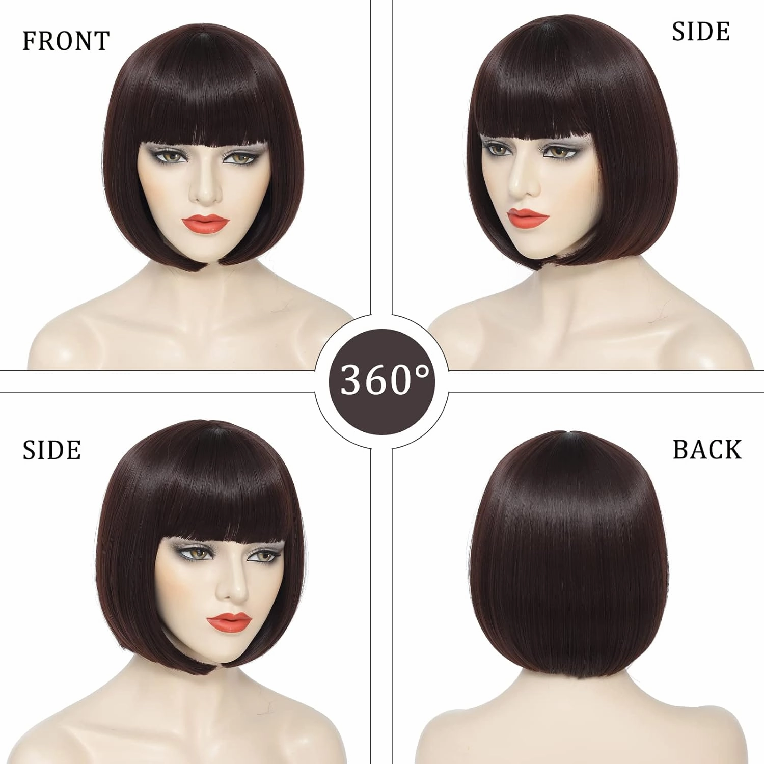 Brown Bob Wig With Bangs Short Dark Brown Bob Wigs For Women Straight Bob Bangs Wig 10 Inch Heat Resistant Synthetic Hair Natural Looking For Daily Party Use