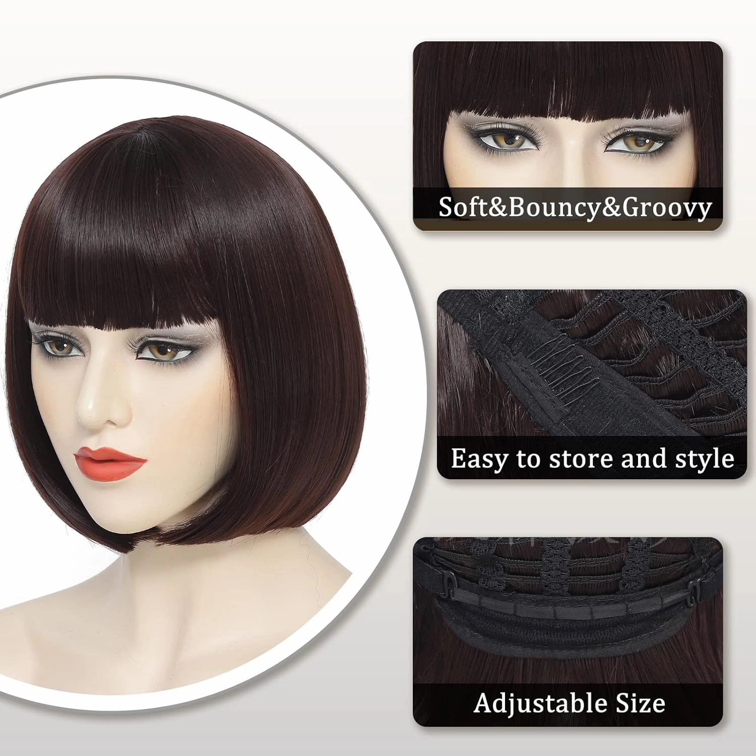 Brown Bob Wig With Bangs Short Dark Brown Bob Wigs For Women Straight Bob Bangs Wig 10 Inch Heat Resistant Synthetic Hair Natural Looking For Daily Party Use