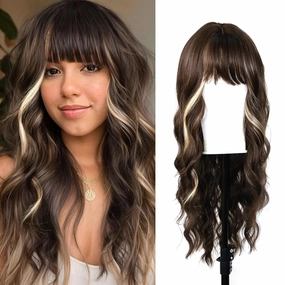 Brown Wig with Bangs for Women, 26 inch Long Wavy Brown Highlight Wig, Body wavy Wavy Synthetic Wigs for Christmas Cosplay,Halloween Daily Party Use