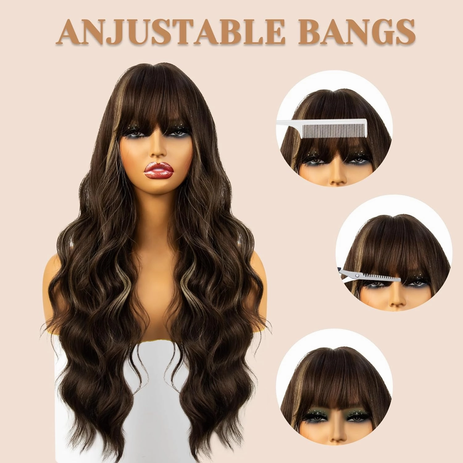 Brown Wig with Bangs for Women, 26 inch Long Wavy Brown Highlight Wig, Body wavy Wavy Synthetic Wigs for Christmas Cosplay,Halloween Daily Party Use