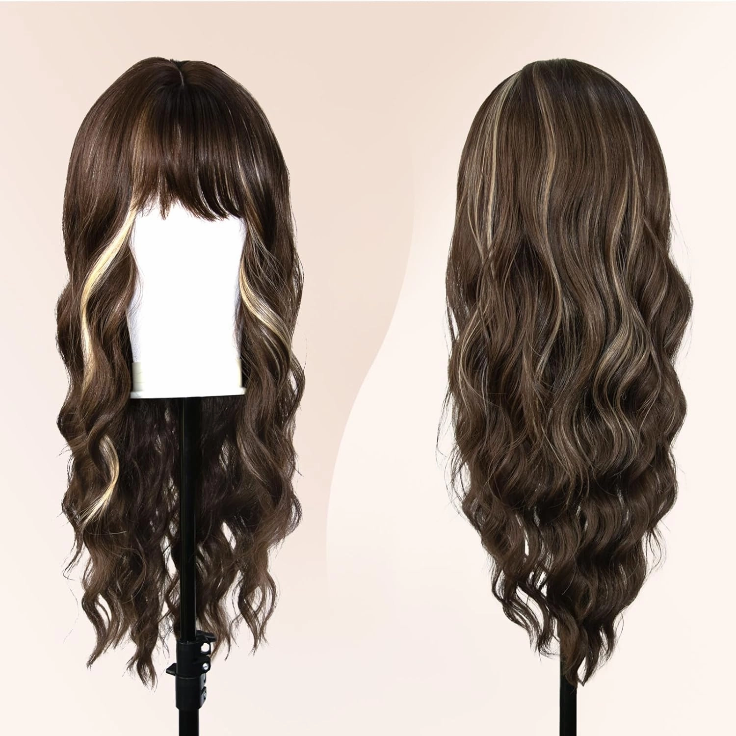 Brown Wig with Bangs for Women, 26 inch Long Wavy Brown Highlight Wig, Body wavy Wavy Synthetic Wigs for Christmas Cosplay,Halloween Daily Party Use