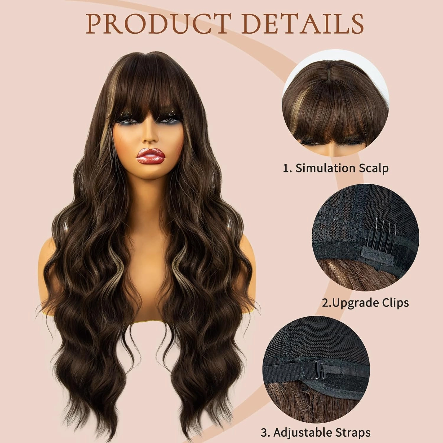 Brown Wig with Bangs for Women, 26 inch Long Wavy Brown Highlight Wig, Body wavy Wavy Synthetic Wigs for Christmas Cosplay,Halloween Daily Party Use