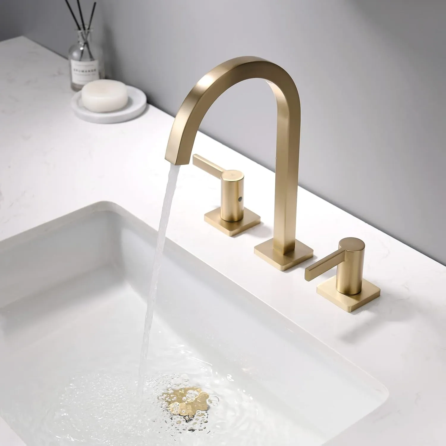 Brushed Gold Bathroom Faucets, 8 Inch Brass Widespread Bathroom Sink Faucet 3 Holes, Two Handles Sink Faucet with Metal Pop-Up Drain & CUPC Supply Lines, for Gold Vanity RV
