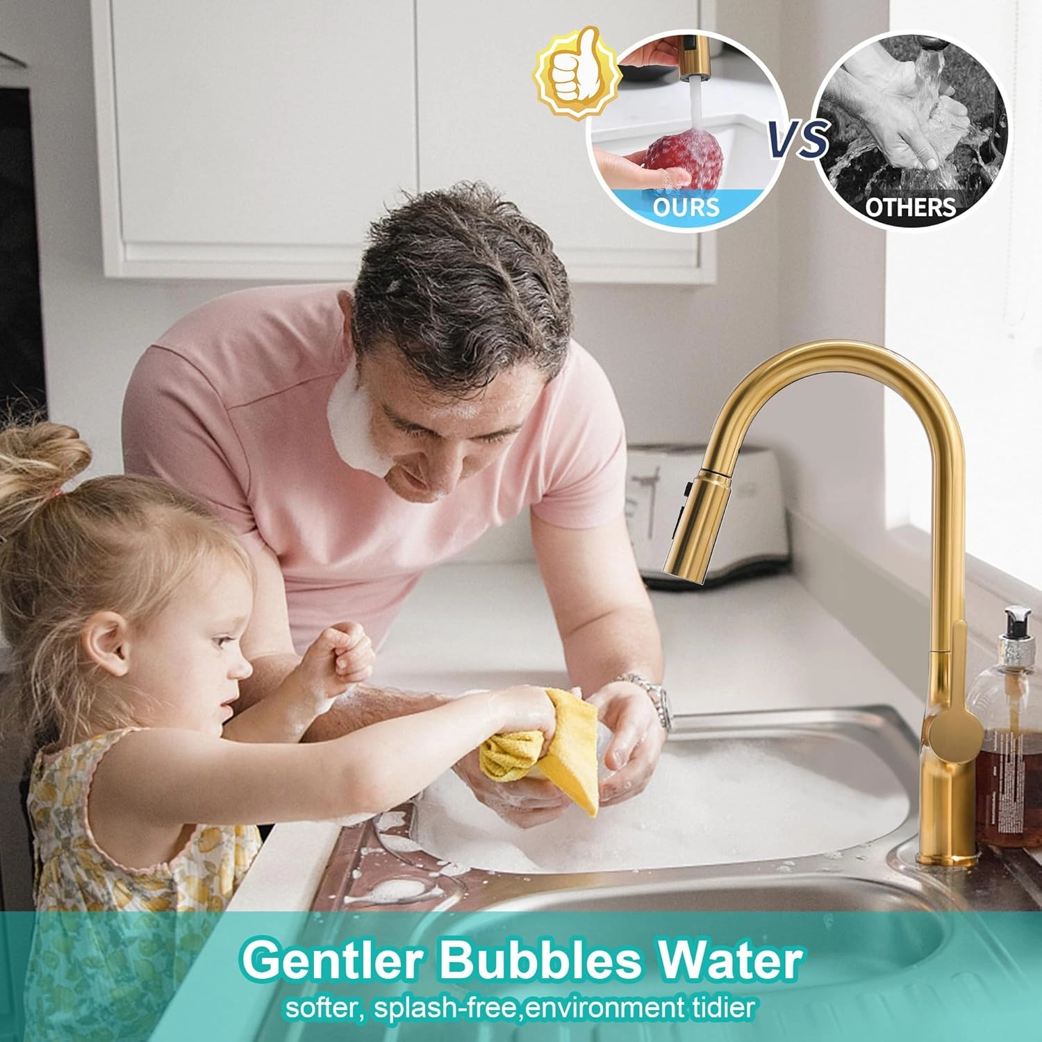 Brushed Gold Kitchen Faucet, Single Handle Gold Kitchen Sink Faucet with Pull Down Sprayer Modern Stainless Steel Brass Gold Faucet with Deck Plate 3-Function Spray Head 1 or 3 Hole
