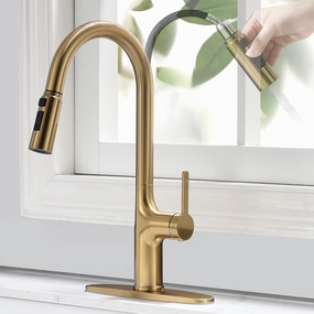Brushed Gold Kitchen Faucet, Single Handle Gold Kitchen Sink Faucet with Pull Down Sprayer Modern Stainless Steel Brass Gold Faucet with Deck Plate 3-Function Spray Head 1 or 3 Hole