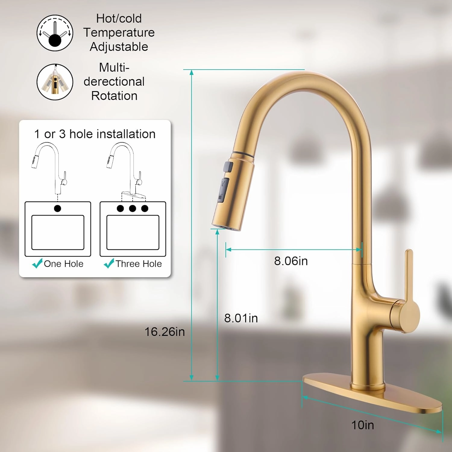 Brushed Gold Kitchen Faucet, Single Handle Gold Kitchen Sink Faucet with Pull Down Sprayer Modern Stainless Steel Brass Gold Faucet with Deck Plate 3-Function Spray Head 1 or 3 Hole