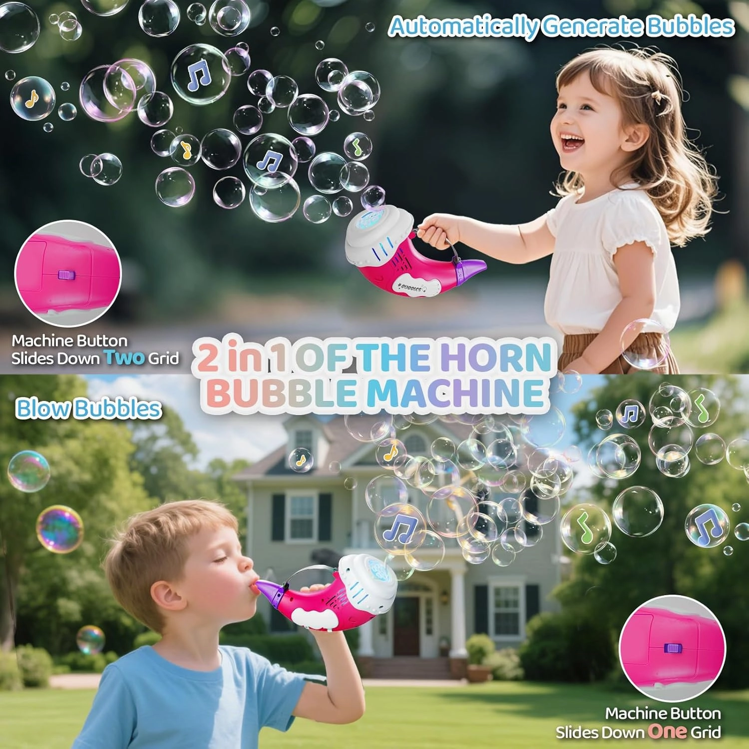 Bubble Machine for Kids 2 in 1 Automatic Bubbles Blower LED Horn Music Bubbles Gun Rechargeable Battery Bubble Toys Indoor Outdoor Birthday Parties Gifts for Toddlers Boys Girls Pink