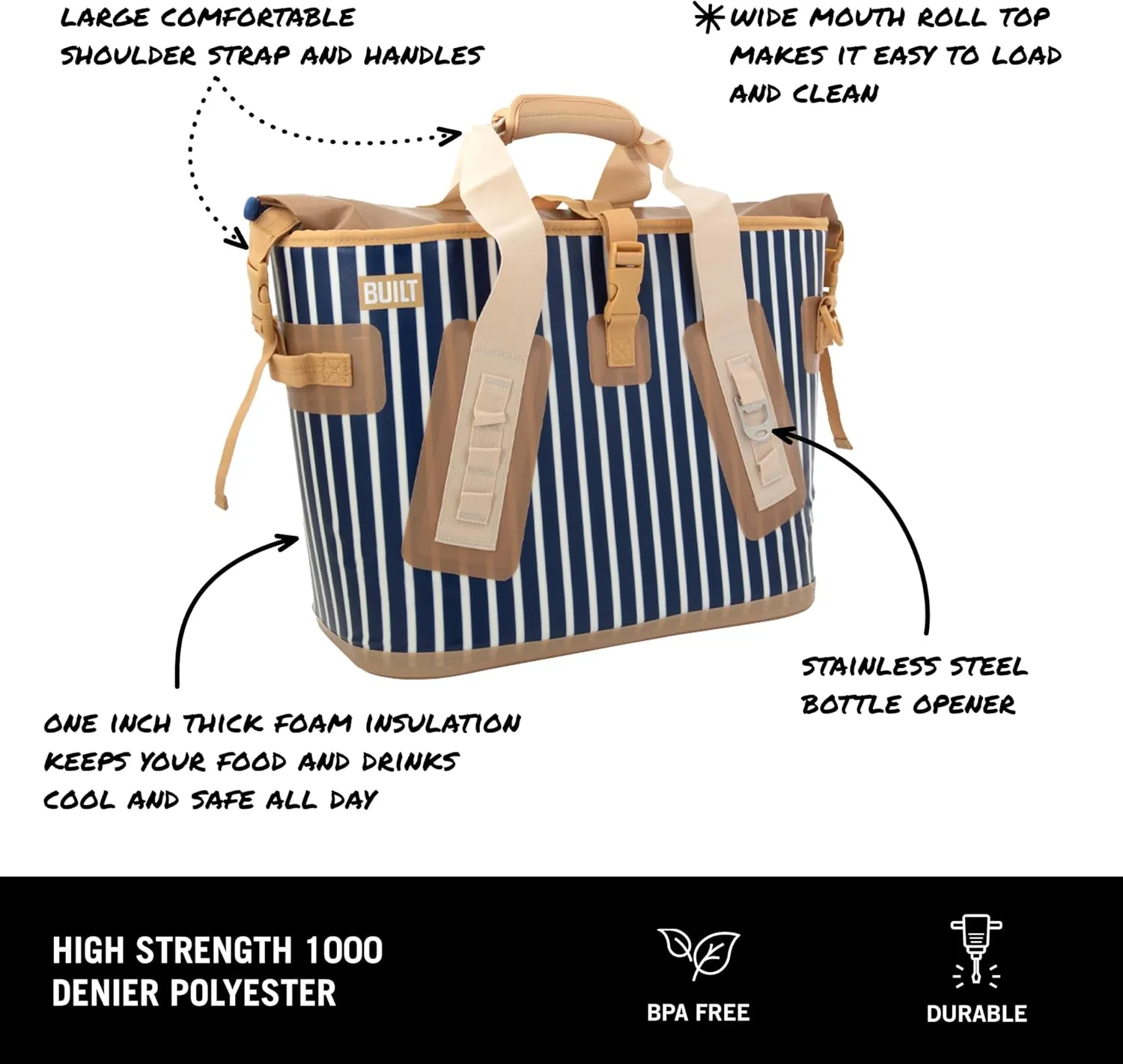 BUILT Large Welded Soft Portable Cooler with Wide Mouth Opening Insulated and Leak-Proof Dusty Rose Stripe