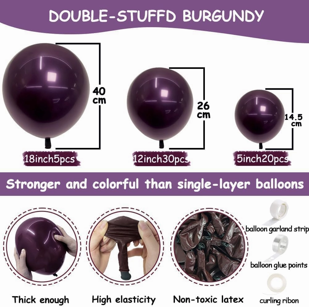 Burgundy Balloons Double Stuffed Dark Purple Plum Balloon Garland Different Sizes Mauve Maroon Magenta Latex Balloons for Birthday Bridal Shower Wedding Anniversary Party Decorations