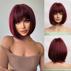 Burgundy Bob Wig with Bangs for Women, Wine Red Short Wigs Synthetic Hair Cosplay Wig