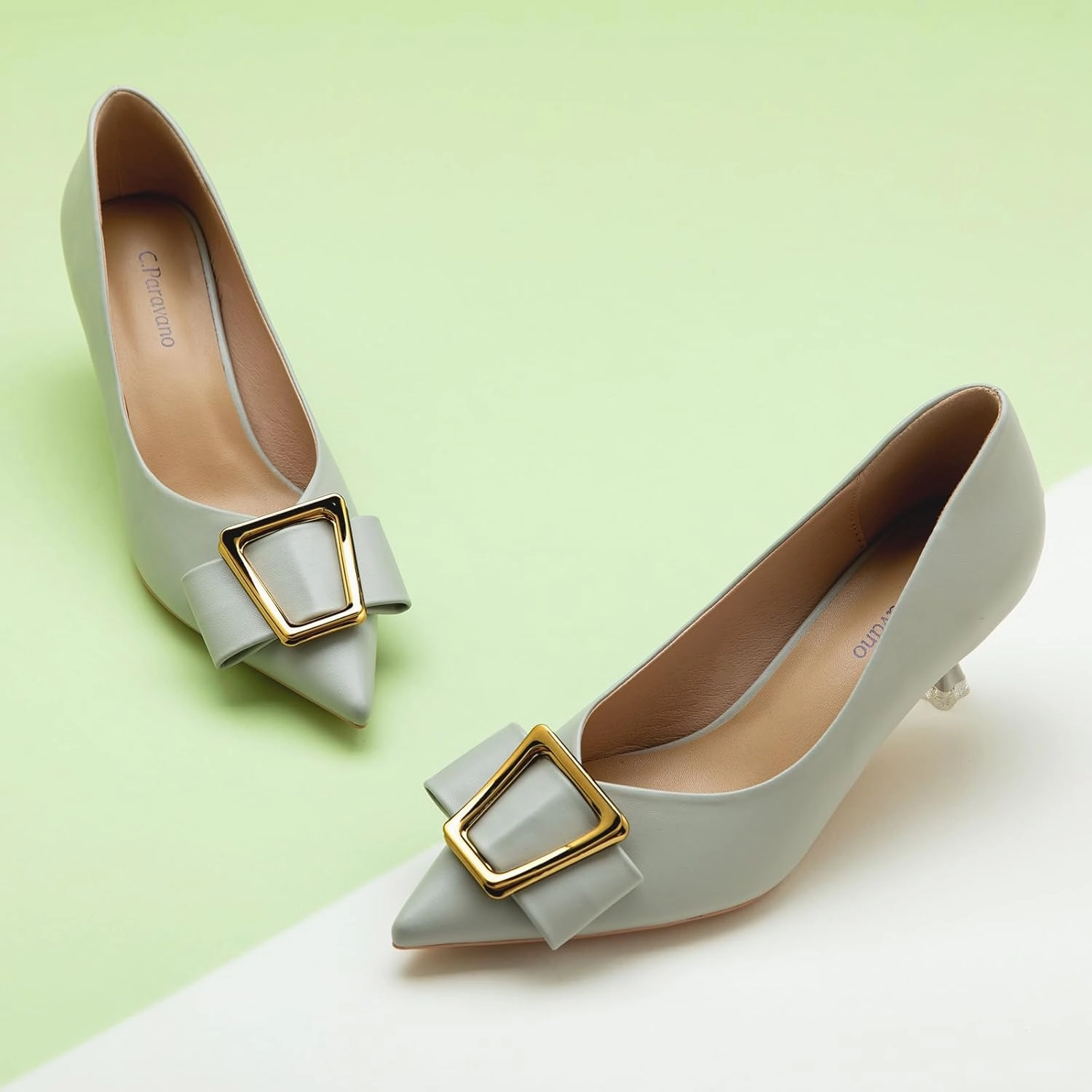 C.Paravano Women's Kitten Heel Pumps-Pointed Toe Wedding Shoes with Metal Buckle|Breathable Soft Leather for Office Attire, Cocktail Parties,Date Nights, Spring/Summer Events
