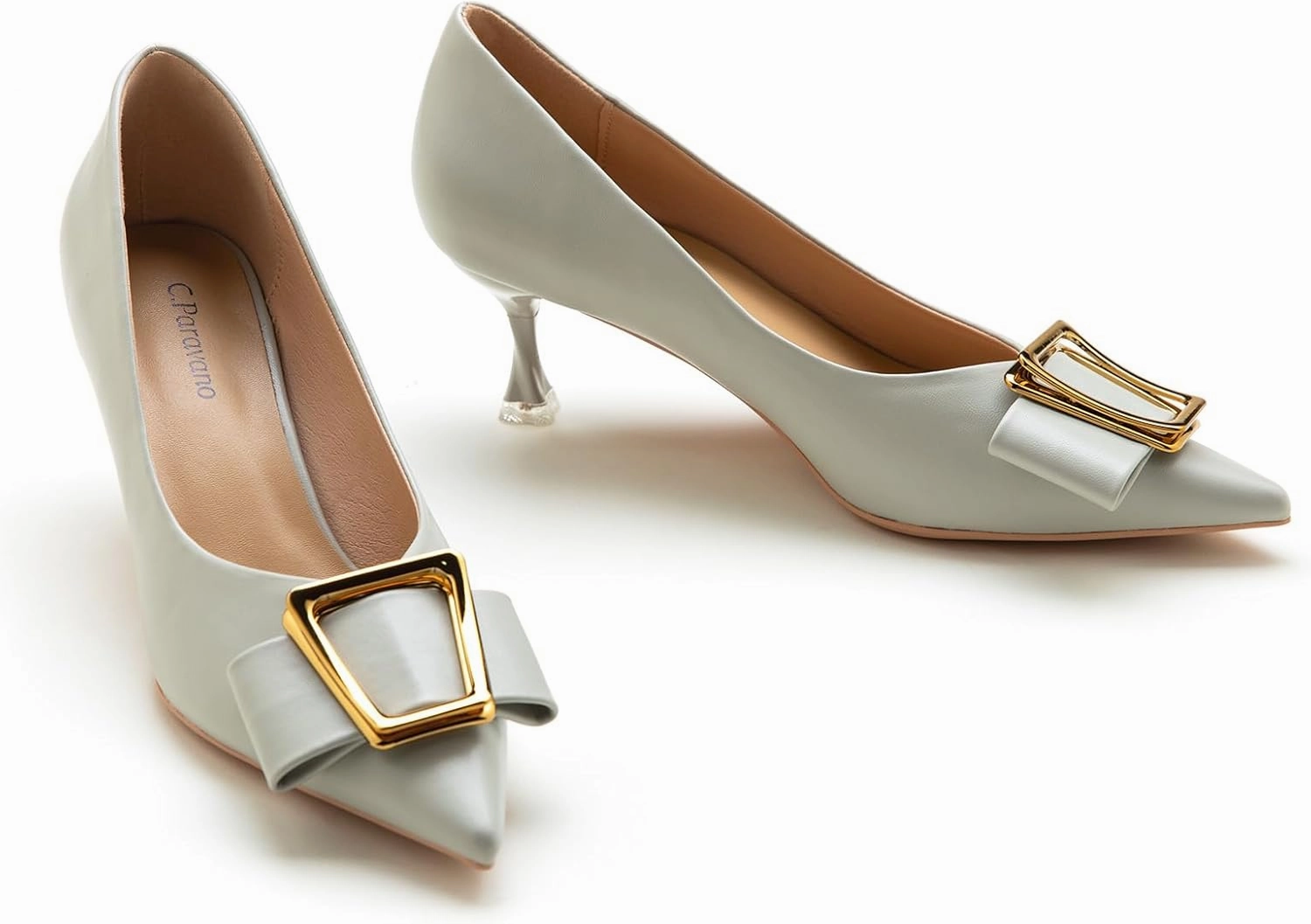 C.Paravano Women's Kitten Heel Pumps-Pointed Toe Wedding Shoes with Metal Buckle|Breathable Soft Leather for Office Attire, Cocktail Parties,Date Nights, Spring/Summer Events