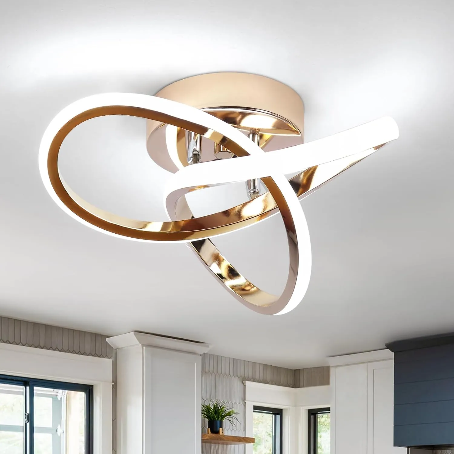 CANEOE Modern LED Ceiling Light, 6000K Gold Led Hallway Ceiling Light Fixtures, Curved Design Semi Flush Mount Ceiling Lights for Hallway Bathroom Kitchen Entryway Stair Ceiling Lamp