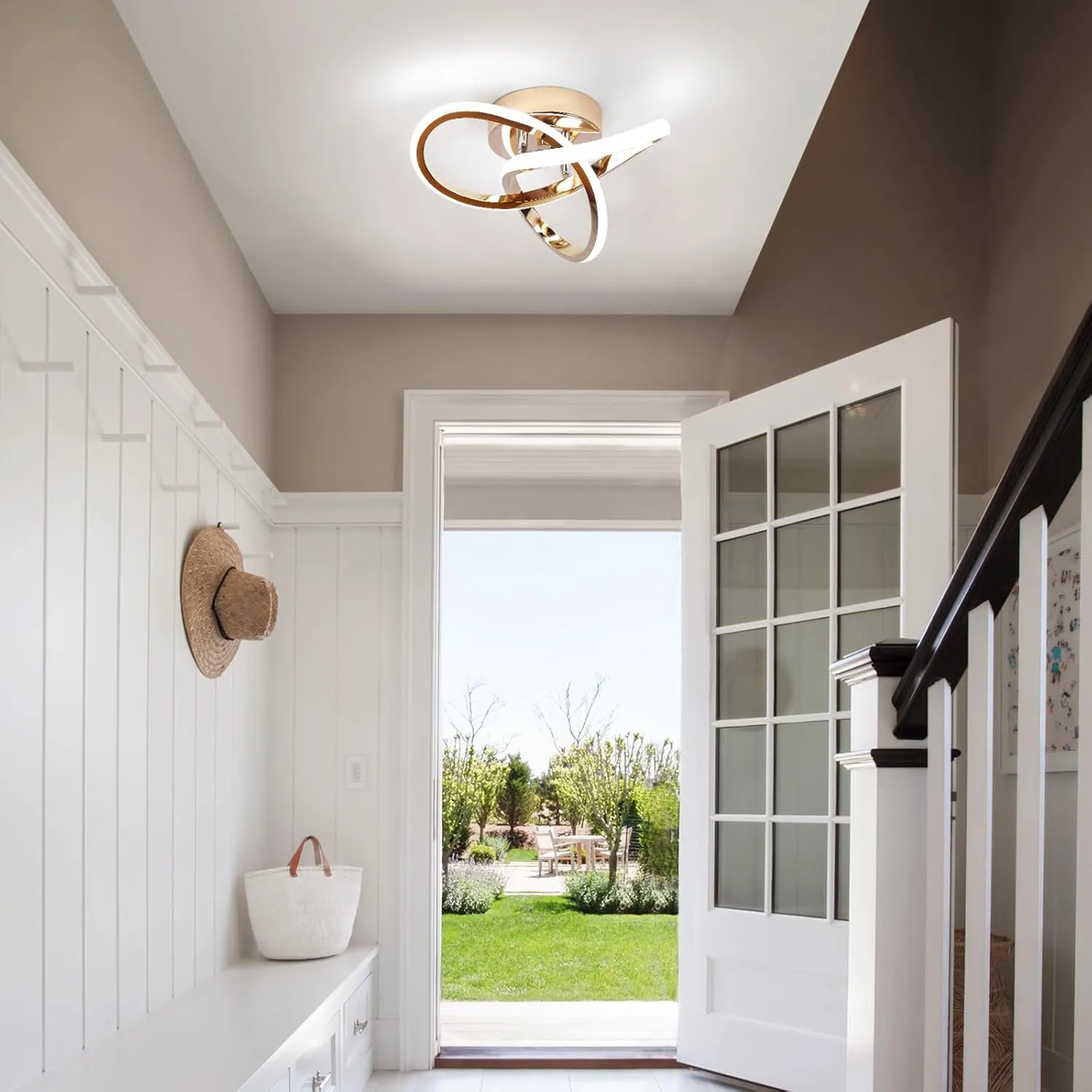 CANEOE Modern LED Ceiling Light, 6000K Gold Led Hallway Ceiling Light Fixtures, Curved Design Semi Flush Mount Ceiling Lights for Hallway Bathroom Kitchen Entryway Stair Ceiling Lamp