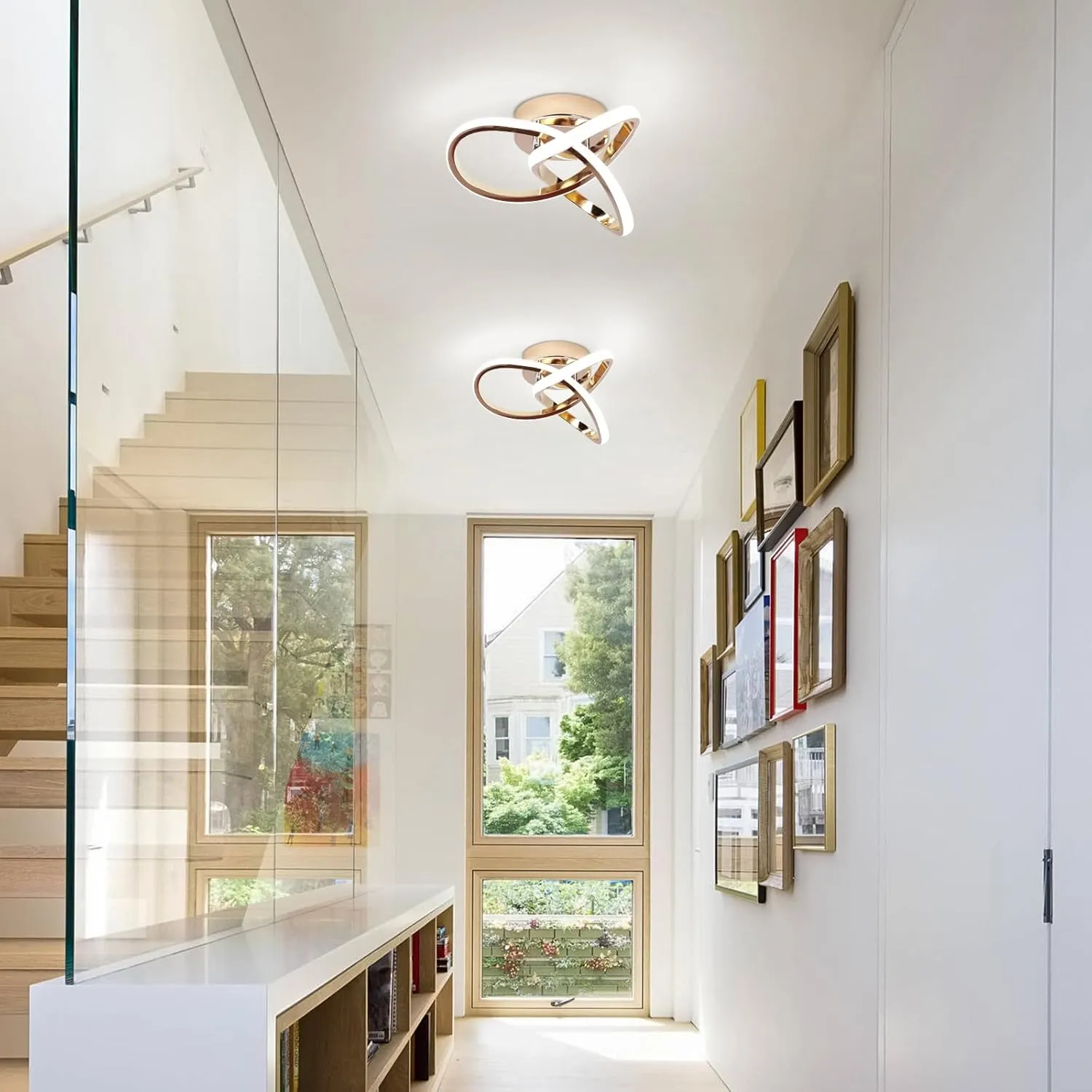 CANEOE Modern LED Ceiling Light, 6000K Gold Led Hallway Ceiling Light Fixtures, Curved Design Semi Flush Mount Ceiling Lights for Hallway Bathroom Kitchen Entryway Stair Ceiling Lamp