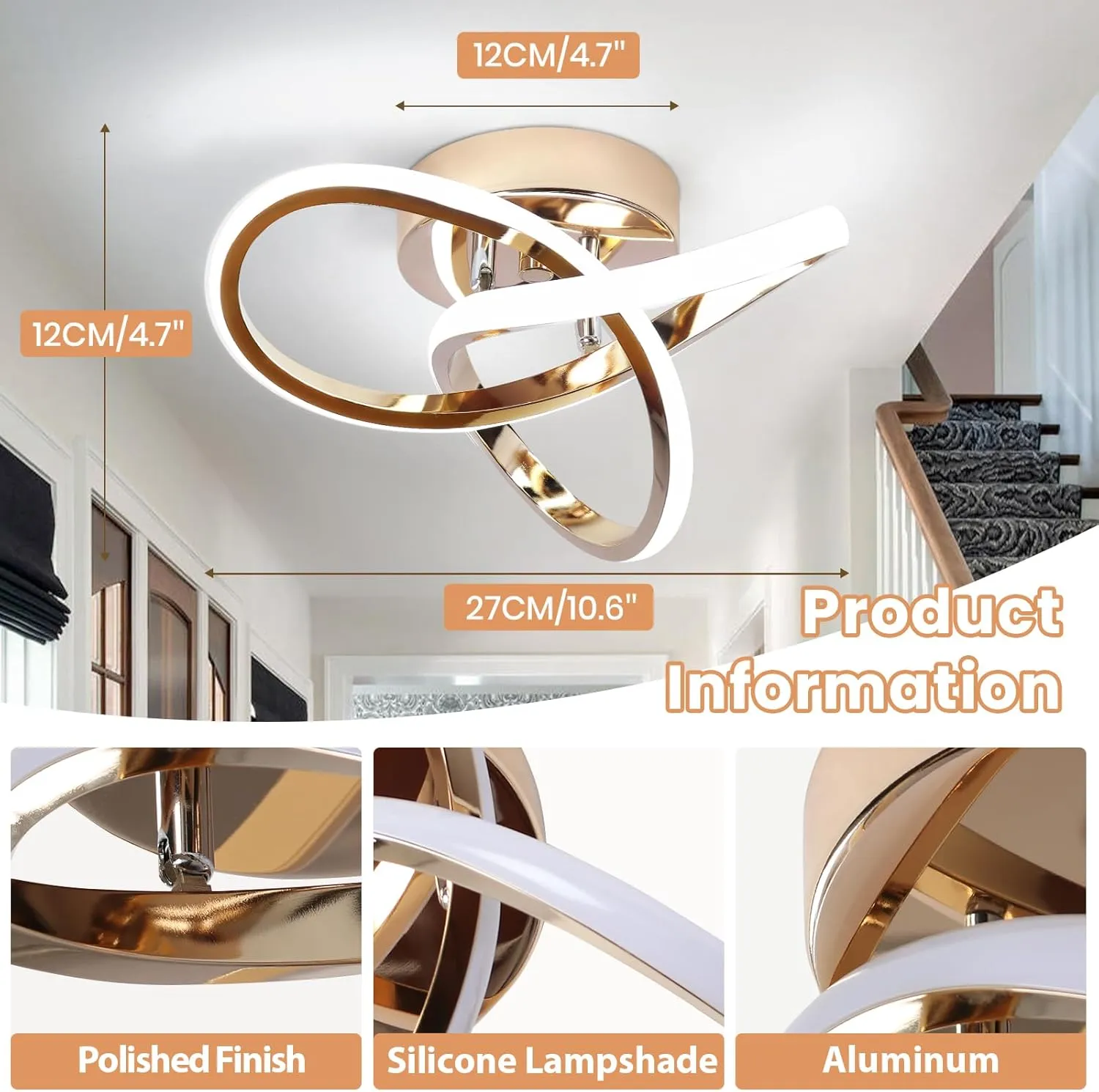 CANEOE Modern LED Ceiling Light, 6000K Gold Led Hallway Ceiling Light Fixtures, Curved Design Semi Flush Mount Ceiling Lights for Hallway Bathroom Kitchen Entryway Stair Ceiling Lamp