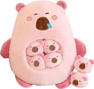 Capybara Stuffed Animal Kawaii Capybara Plush with 6 Cute Babies Bag of Capybara Plushies Pillow Stuffed Toys for Girls Boys Gifts,Pink
