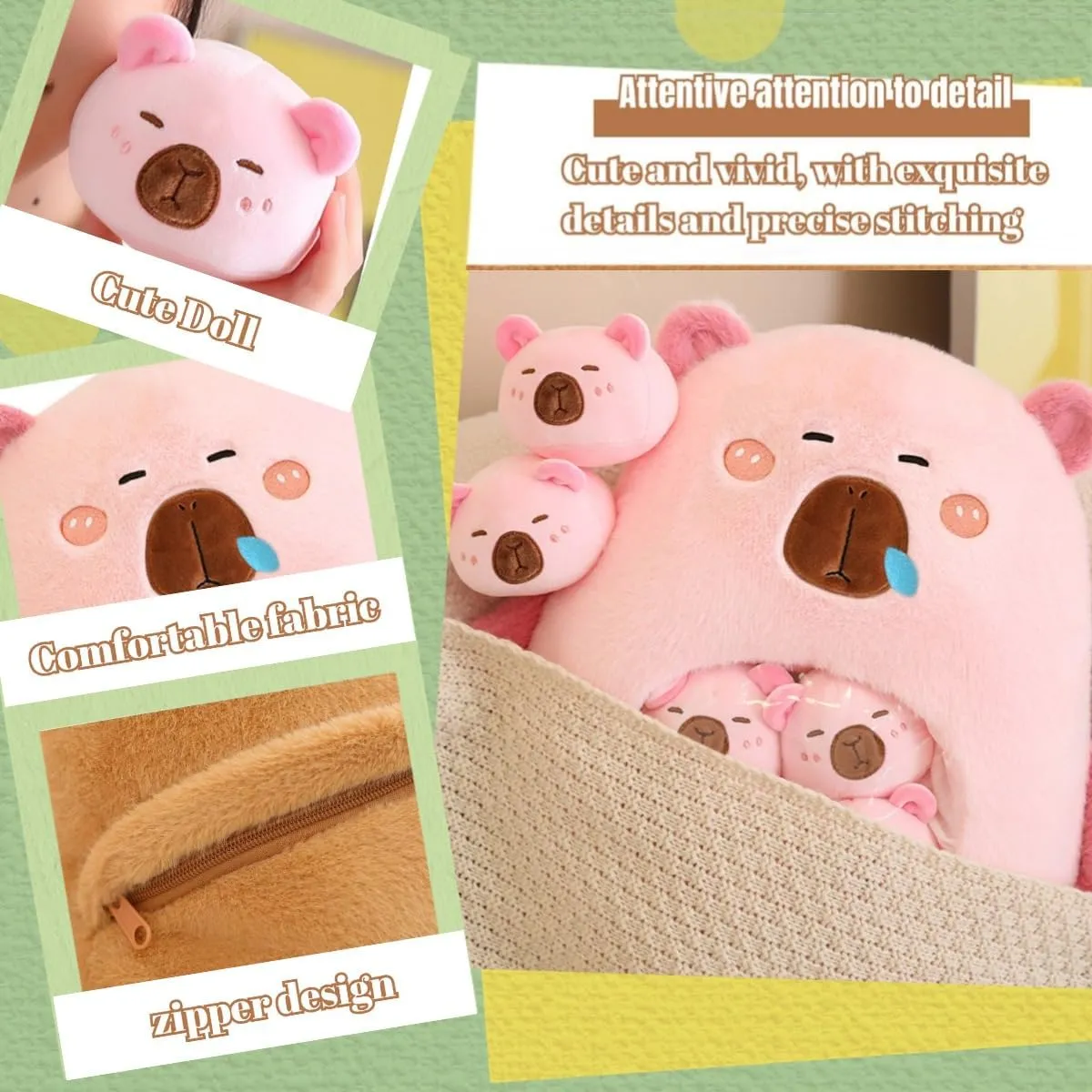 Capybara Stuffed Animal Kawaii Capybara Plush with 6 Cute Babies Bag of Capybara Plushies Pillow Stuffed Toys for Girls Boys Gifts,Pink