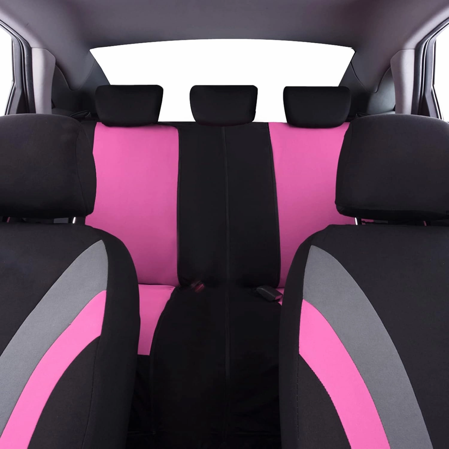 CAR PASS Line Rider Sporty Cloth 11PCS Universal Fit Car Seat Cover -100% Breathable with 5mm Composite Sponge Inside,Airbag Compatible,3zipper Bench(Full Set, Black and Pink)