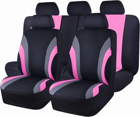 CAR PASS Line Rider Sporty Cloth 11PCS Universal Fit Car Seat Cover -100% Breathable with 5mm Composite Sponge Inside,Airbag Compatible,3zipper Bench(Full Set, Black and Pink)
