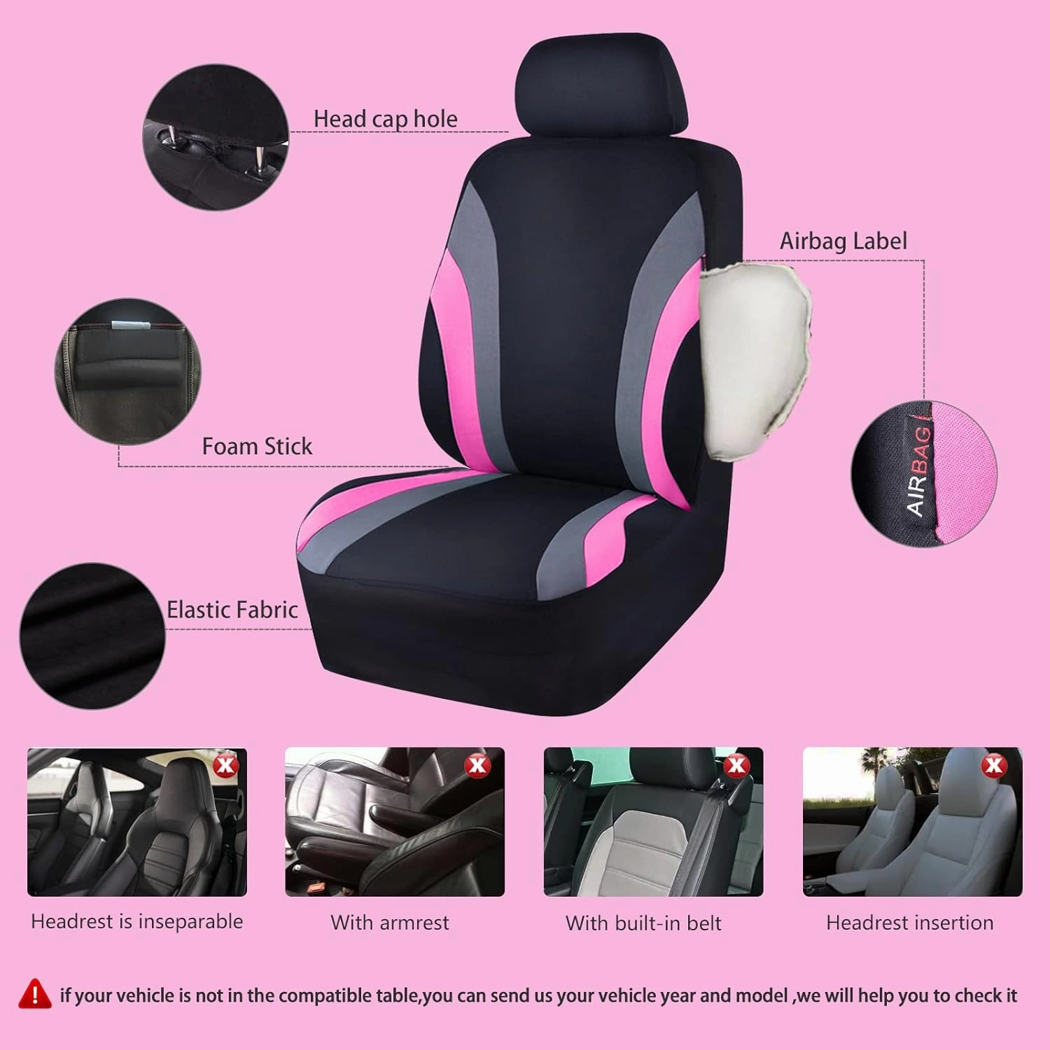 CAR PASS Line Rider Sporty Cloth 11PCS Universal Fit Car Seat Cover -100% Breathable with 5mm Composite Sponge Inside,Airbag Compatible,3zipper Bench(Full Set, Black and Pink)