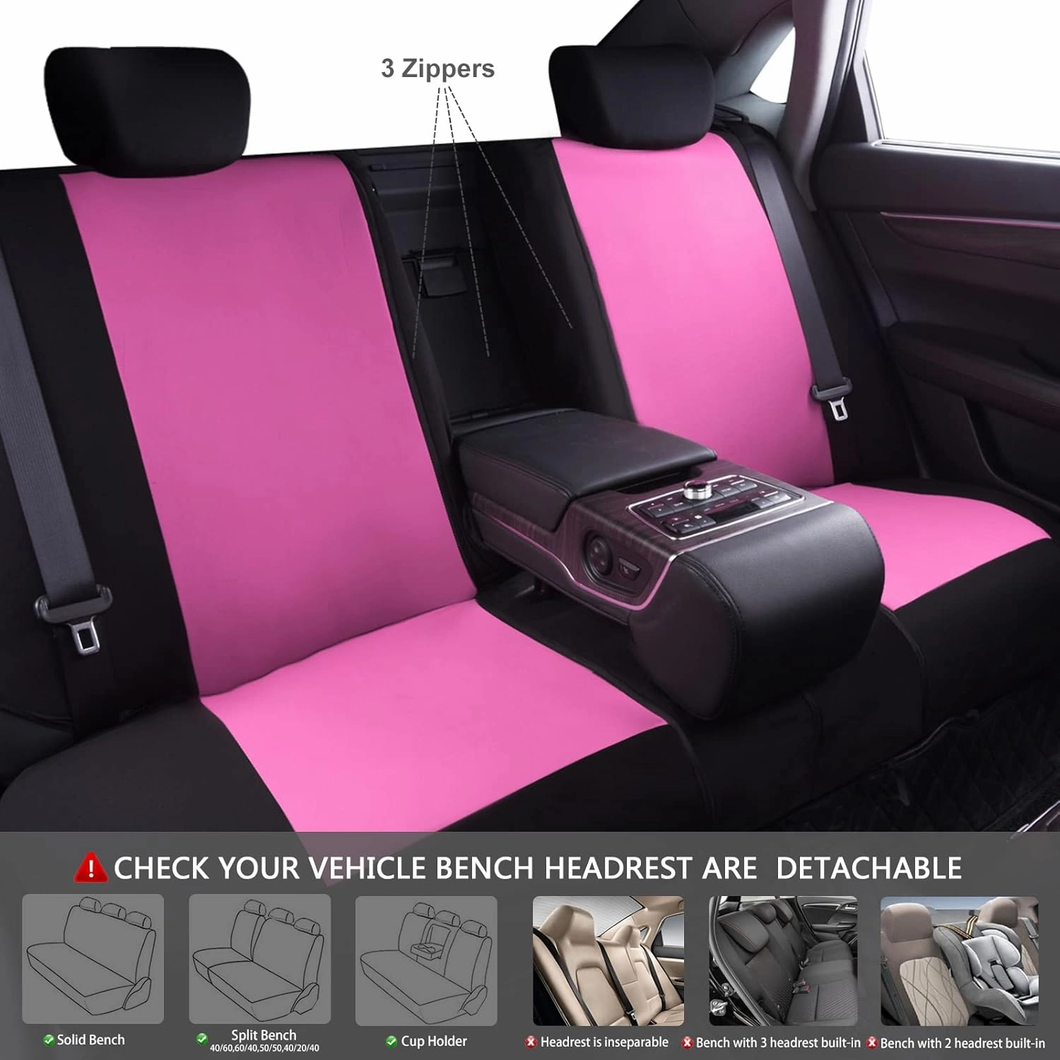 CAR PASS Line Rider Sporty Cloth 11PCS Universal Fit Car Seat Cover -100% Breathable with 5mm Composite Sponge Inside,Airbag Compatible,3zipper Bench(Full Set, Black and Pink)
